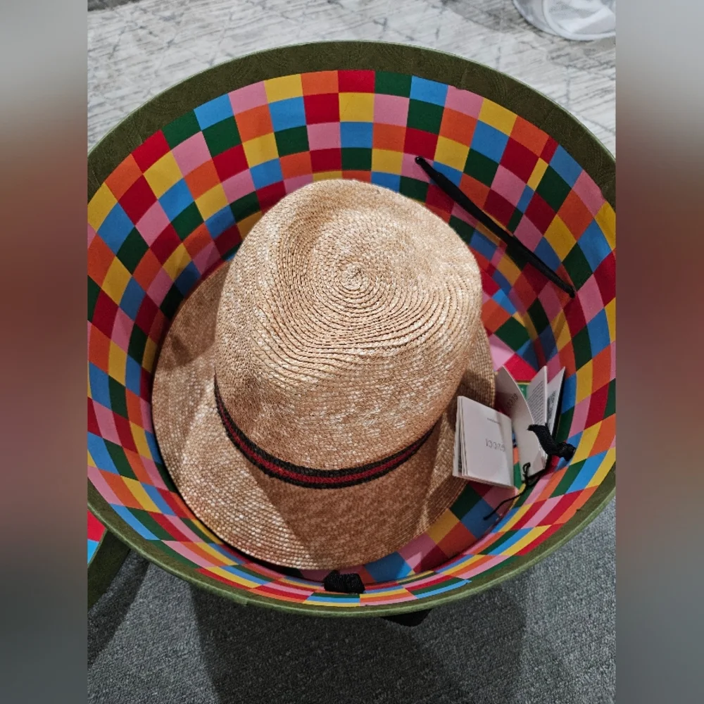 Gucci Trilby Straw Hat with Red and Green Stripe Size M EUC COMES W/ TAGS& BOX - Picture 16 of 16